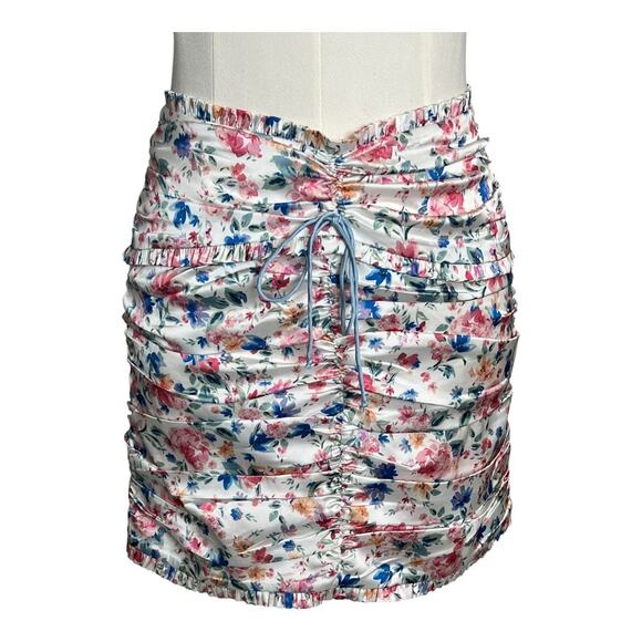 For Love & Lemons Juliet Ruched Satin Mini Skirt Small Floral Coquette - Picture 1 of 6